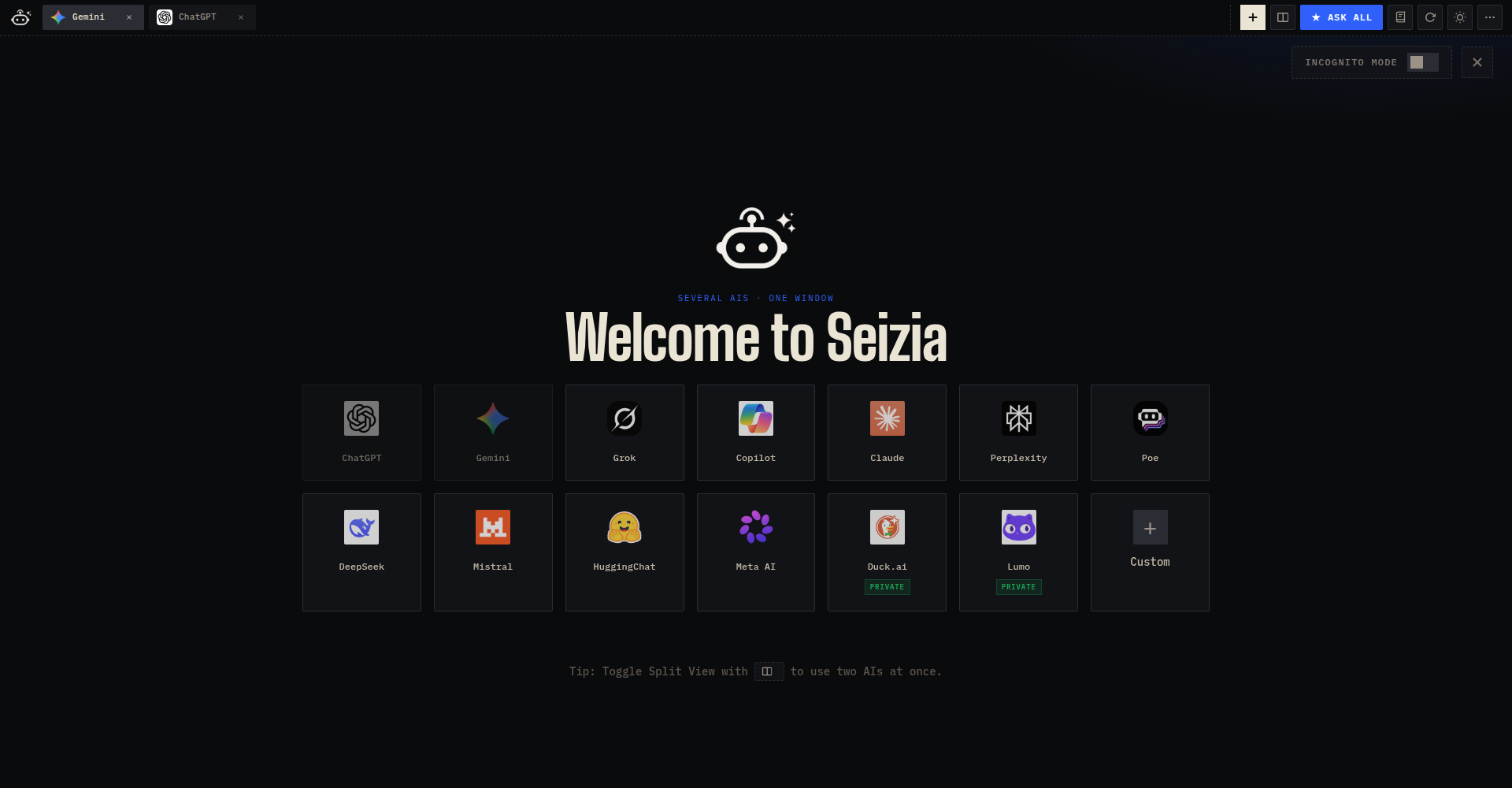 Seizia launcher with Gemini and ChatGPT open, Ask All in the header, and the full AI grid.